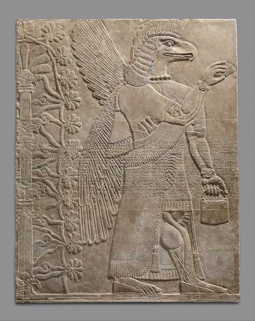 This Assyrian relief panel, 883 – 859 BC, from the Northwest Palace at Nimrud appears to depict a winged supernatural figure wearing a wrist watch. However, experts say it is a bracelet with a large central rosette symbol, associated with divinity and perhaps particularly with the goddess Ishtar. (Metropolitan Museum of Art / Public Domain)