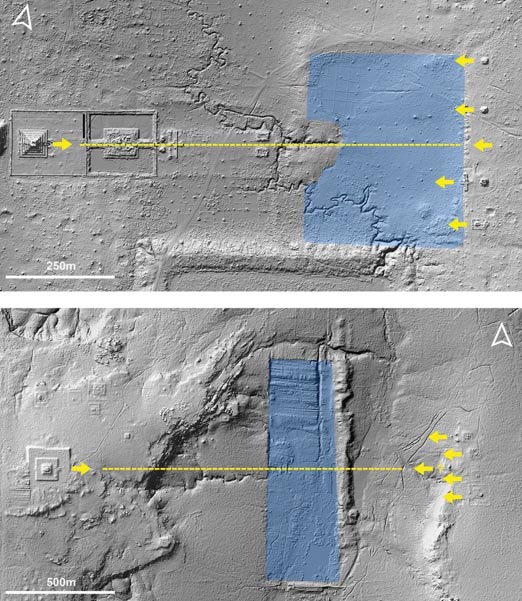 Axis and orientations of the central pyramid, reservoir, and associated shrines at Koh Ker (top) and Mahendraparvata