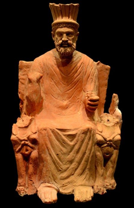 Baal Hammon, king of the Punic pantheon, on his throne with a crown and flanked by sphinxes. (Dyolf77 / CC BY-SA 4.0)
