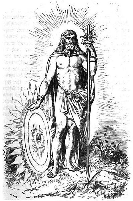 "Baldur" (1901) by Johannes Gehrts. He stands clasping a hand full of plant matter against a downward-tipped spear. In his other hand is a sun-shaped shield. (Public Domain)