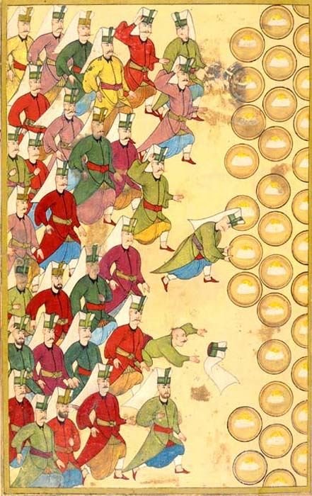 “Banquet (Safranpilav) for the Janissaries, given by the Sultan. If they refused the meal, they signaled their disapproval of the Sultan. In this case they accept the meal.”