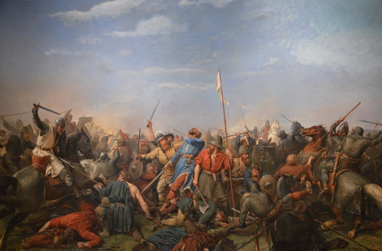 Painting of the Battle of Stamford Bridge by Peter Nicolai Arbo, depicting King Harald Hardrada hit in the neck by an arrow (Wikimedia Commons)