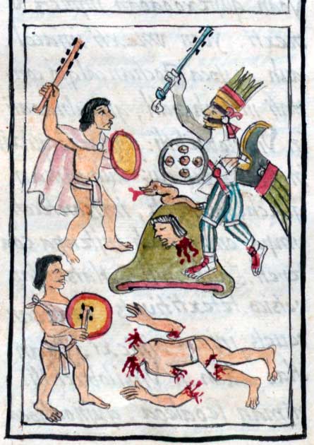 Ilustración de la Batalla de Coatepec de Bernardino de Sahagún, Historia General de las Cosas de la Nueva España, también conocida como Códice Florentino, hacia 1577 (Dominio público)