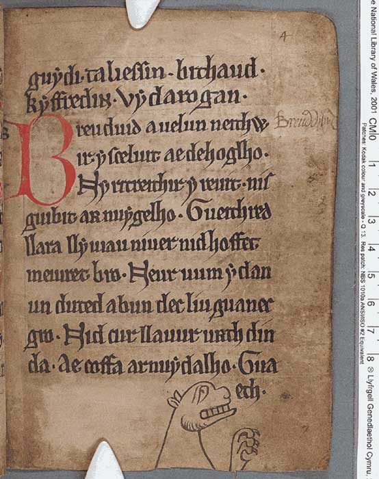 A page from the Black Book of Carmarthen, thought to be the earliest surviving manuscript written solely in Welsh.