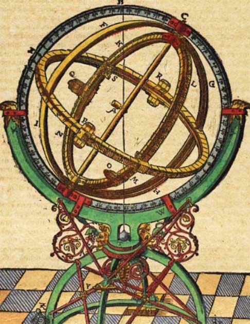 Tycho Brahe diseñó la construcción de su instrumento armilar ecuatorial con un ecuador móvil utilizado para medir las ascensiones y declinaciones rectas de los objetos celestes. (Dominio publico)