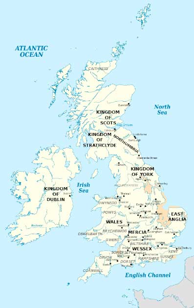 British Isles in 10th century represented with the coastline at the time. King Athelstan was the first king to unite England. (Ikonact / CC BY SA 3.0)