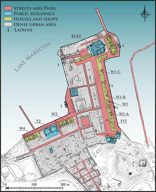 Mapa del área de desarrollo urbano bizantino en Marea, cerca de Alejandría, Egipto (mapa de AB Kutiak y W. Małkowski, con modificaciones de M. Gwiazda; cortesía del Centro Polaco de Arqueología Mediterránea de la Universidad de Varsovia). (Antigüedad)