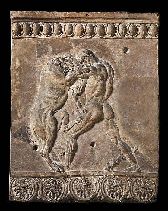Campana relief with Heracles (Hercules) fighting the Nemean lion. Roman, 50 BC-50