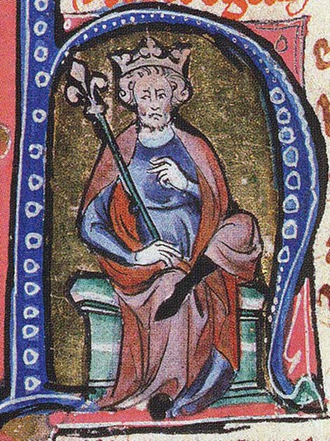 Canute (Cnut) the Great illustrated in an Initial of a medieval manuscript.