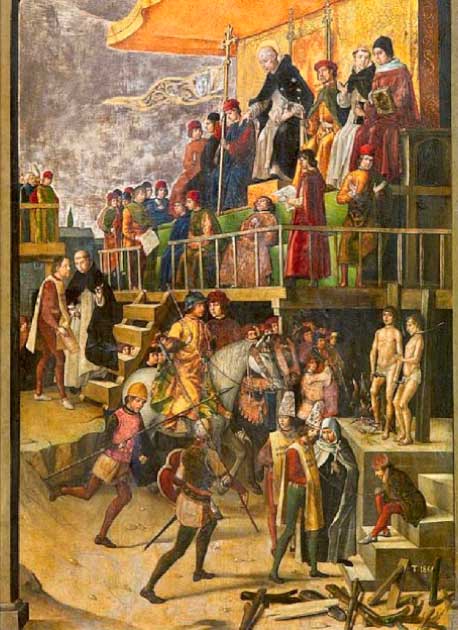 Cathars being burnt at the stake in an auto-da-fé, anachronistically presided over by Saint Dominic. (Soerfm / Public Domain)