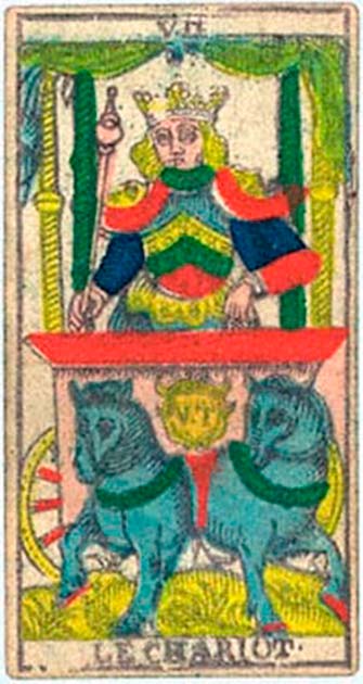 Le Chariot, from Nicolas Conver's 1760 Tarot deck. (Public Domain)