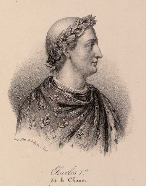 Charles II granted the Saxons a foothold in Gaul. 19th century lithograph of Charles the Bald (Public Domain)