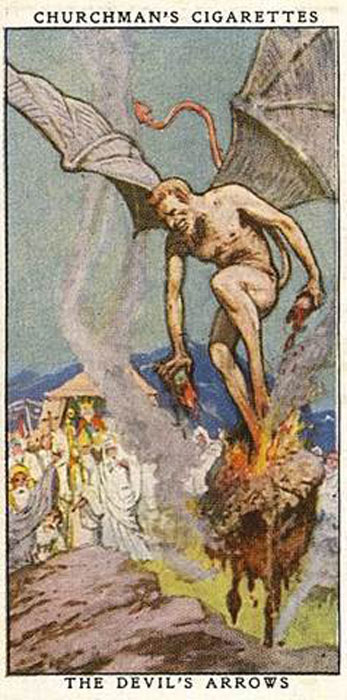 Representación de la tarjeta de cigarrillos del diablo lanzando las flechas (Autor desconocido / Dominio público)