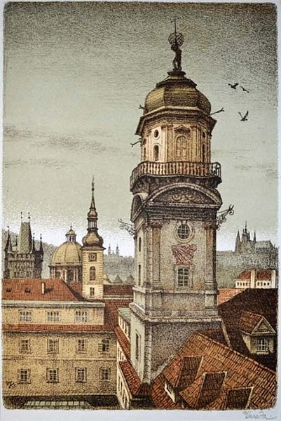 1945 illustration of the Clementinum’s astronomical tower by Vojtech Kubasta.