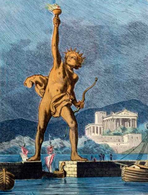 The Colossus of Rhodes straddling over the harbor, the 1886 painting by Ferdinand Knab. (Public domain)