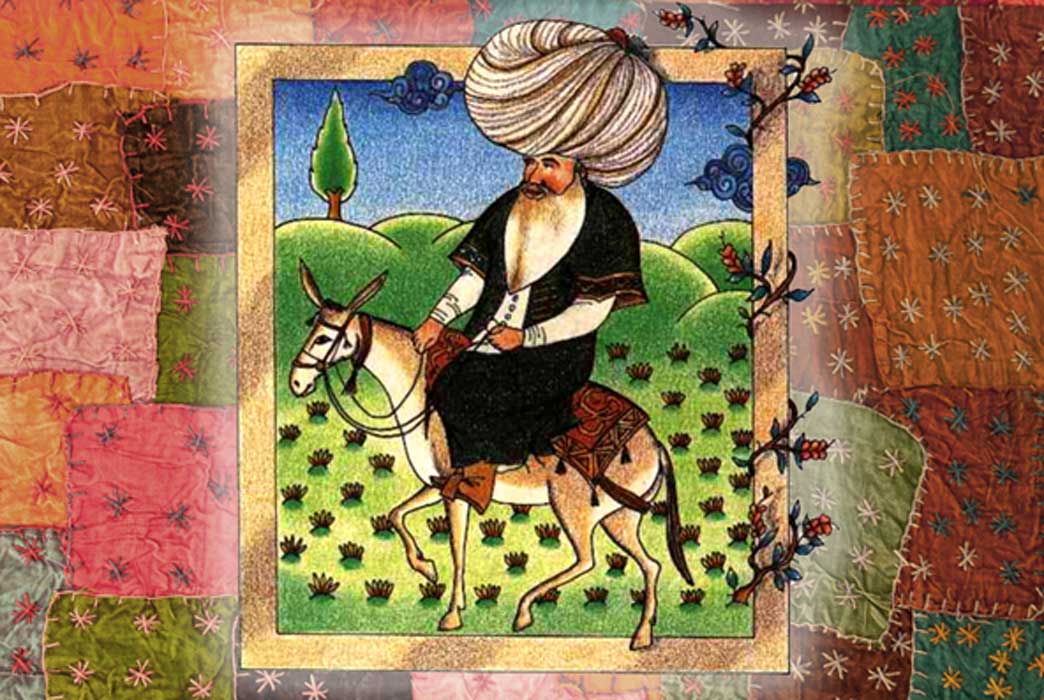 A 17th century miniature of Nasreddin (CC BY-SA 3.0) and patchwork Turkish rug (CC BY 2.0); Deriv.