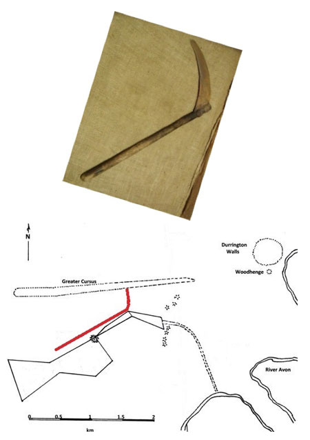 Compare the shape of a scythe (left) with the shape of Stonehenge Palisade (right, in red) (Illustration by author; photo credit: miliki)