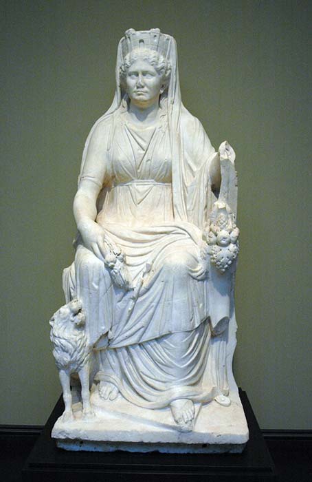 Cybele enthroned, with lion, cornucopia and Mural crown. Roman marble. (Public Domain)