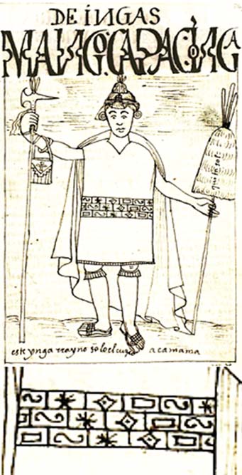 Depiction of Manco Cápac by Felipe Huaman Poma de Ayala and detail of the symbols on his clothing