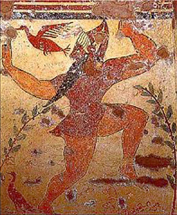 Depiction of Phersu running or dancing in the Tomb of the Augurs, late 6th century BC, Tarquinia.