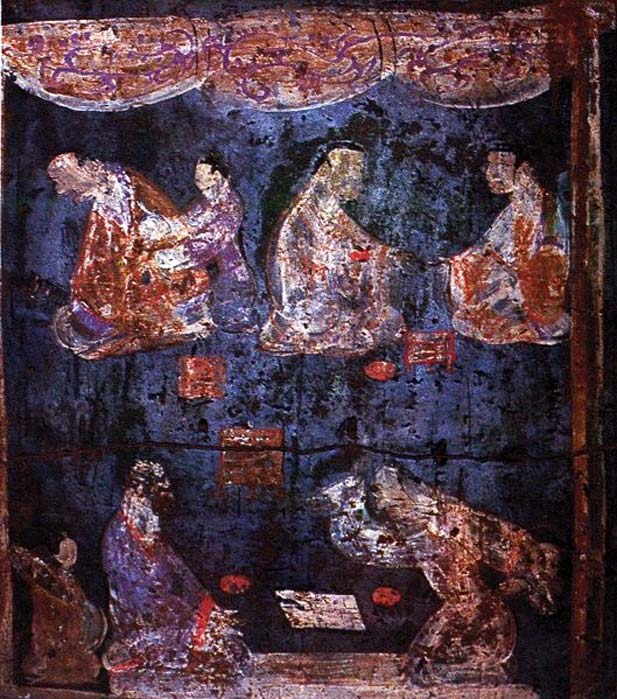 Detail of a mural from an Eastern Han tomb at Zhucun, Henan province. The two figures in the foreground are playing Liubo, with the playing mat between them, and the Liubo board to the side of the mat. (Public Domain)