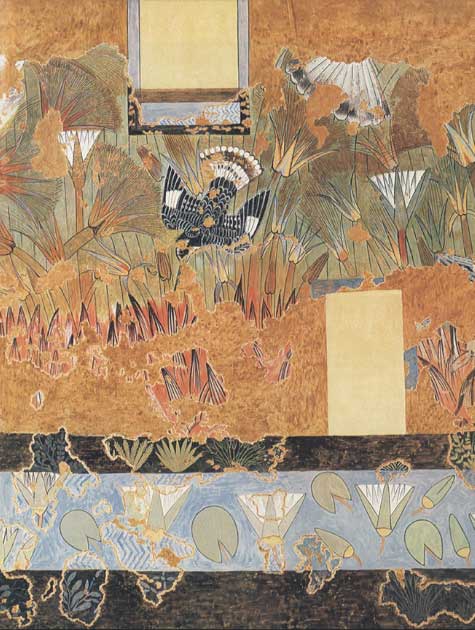 Detalle de la obra de arte aviar descubierta en la pared oeste de la Sala Verde del Palacio Norte de Amarna en Egipto. Representa lo que los expertos creen que es un martín pescador de varios colores. (Dominio publico)