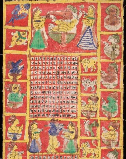 Detail; Fabric Hindu calendar/almanac corresponding to Western years 1871-1872. From Rajasthan in India. (Public Domain)