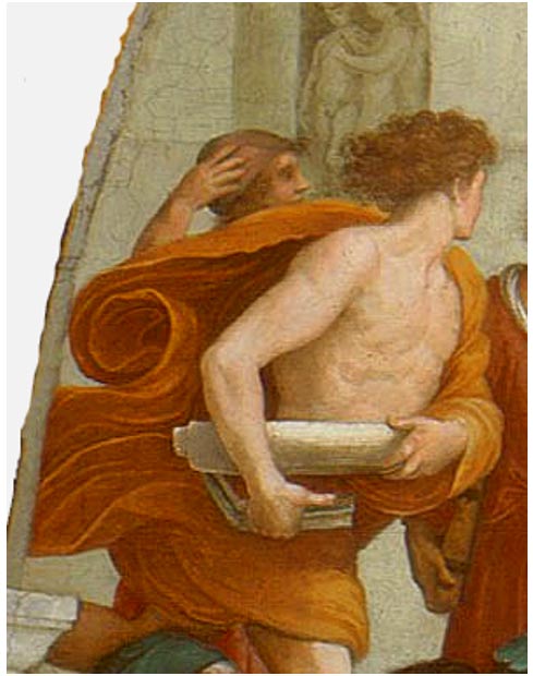 Diagoras of Melos in the painting ‘The School of Athens.’ Some scholars believe that Diagoras of Melos was the writer of the Derveni Papyrus. 