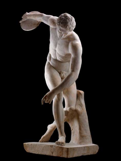 El Discóbolo, o lanzador de disco, de Myron, es una escultura griega antigua de un atleta masculino desnudo que lanza un disco. Si se pierde el original, realizado en bronce, existen numerosas copias romanas. El Townley Discóbolo se conserva en el Museo Británico. (Museo Británico / CC BY-NC-SA 4.0)
