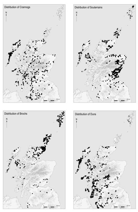 Mapas de distribución de crannogs, subterráneos, brochs y duns © GUARD Archeology Ltd