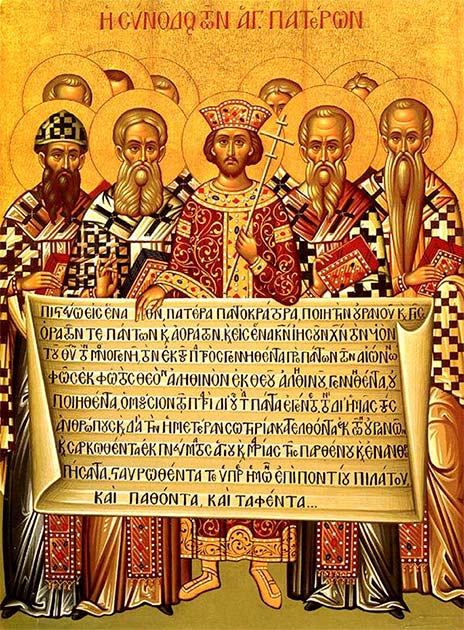 Doctrinal disagreements played a fundamental role in the origin of the Great Schism, such as the inclusion of the term “filioque” in the Nicene Creed. Icon depicting the Emperor Constantine and the bishops of the First Council of Nicaea (325) holding the Niceno–Constantinopolitan Creed of 381. (Public domain)
