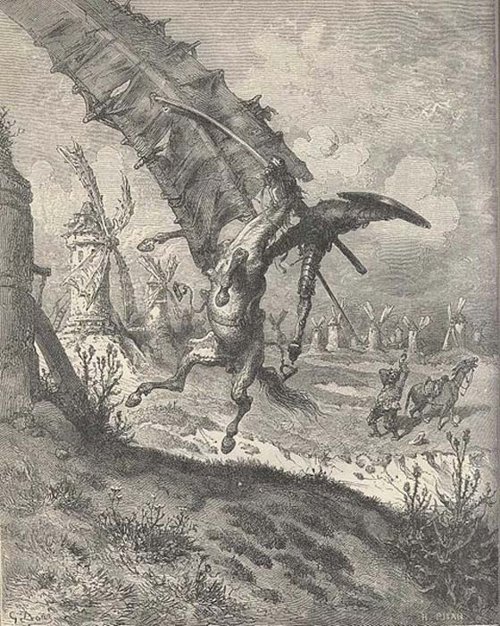 Don Quixote illustration by Gustave Doré, depicting the famous windmill scene. (Public Domain)