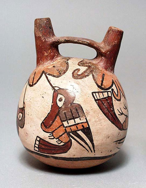 Double-Spout and Bridge Vessel showing typical Nazca bird design. Peru, South Coast, Nazca, 100 BC - AD700 ( Public Domain )