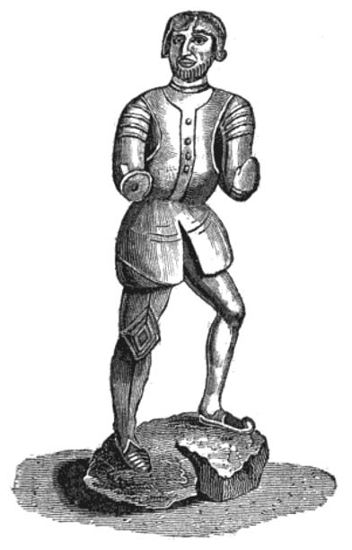 Drawing of Peeping Tom's wooden statue in Conventry by W.Reader (published 1826).