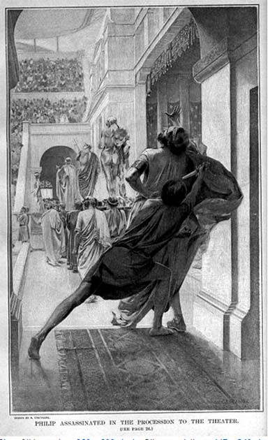 Drawing by artist André Castaigne.  Here Pausanias, one of King Philip’s bodyguards, stabs Philip during the procession into the theatre.  (Public Domain)