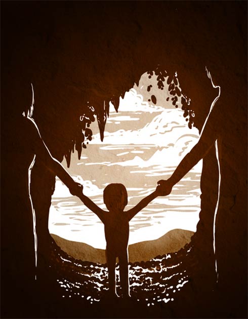 Drawing of a Neandertal mother and a Denisovan father with their child, a girl, at Denisova Cave in Russia. (Petra Korlević)