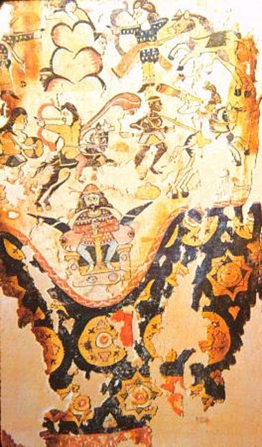 Egyptian-woven woolen curtain or trousers, which was a copy of a Sassanid silk import, which was in turn based on a fresco of King Khosrau I fighting Aksumite Ethiopian forces in Yemen, 5th–6th century. 