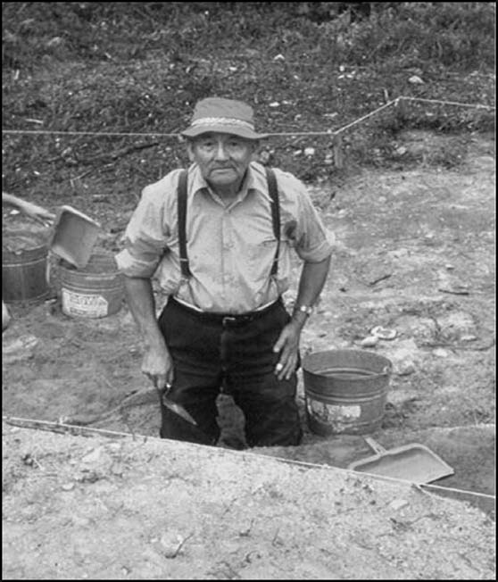 Mi’kmaq Elder Joseph M. Augustine excavating at the site in 1975.