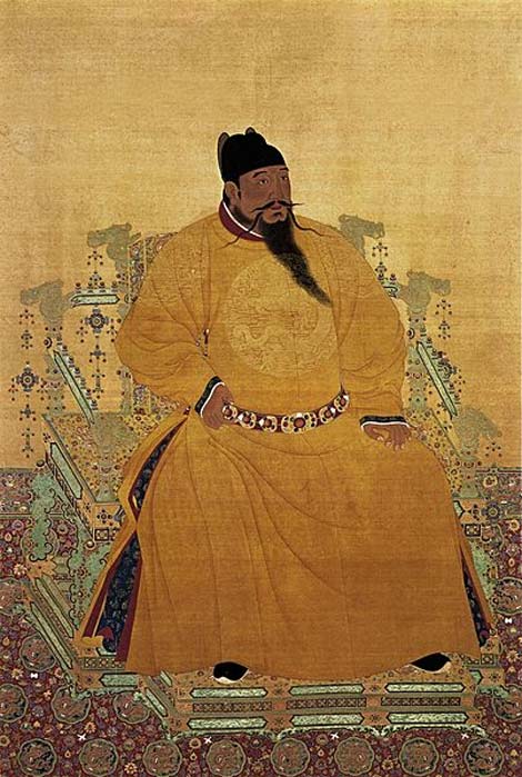 Emperor Chengzu of the Ming Dynasty, hanging scroll, ink and color on silk, 220 x 150 cm. Located at the National Palace Museum, Taibei. Chengzu is commonly called the Yongle Emperor. This picture shows him sitting in the 'Dragon' chair. (Public Domain)