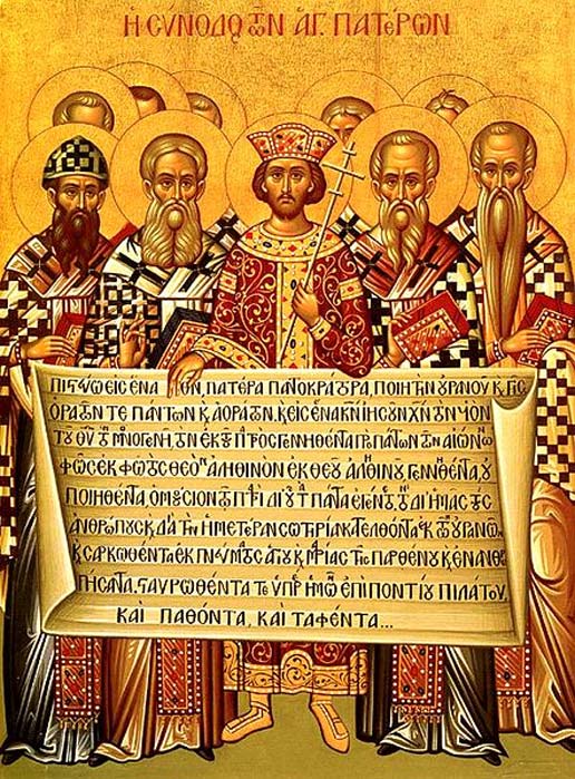 Icon depicting the Emperor Constantine, accompanied by the bishops of the First Council of Nicaea (325), holding the Niceno–Constantinopolitan Creed. 
