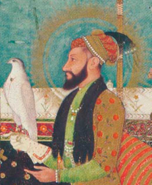 Close up of Emperor Aurangzeb, from ‘Aurangzeb holds court’, as painted by (perhaps) Bichitr. (Public Domain)