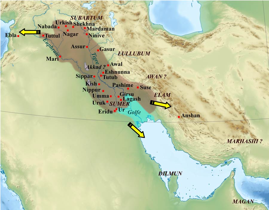 Map of the Akkadian Empire showing the extent of Mesopotamian control during the third millennium BC, when the Hurrians first appear in historical records