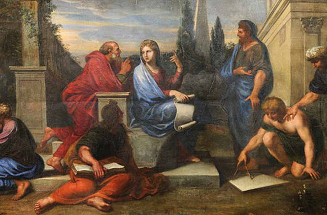 Aspasia surrounded by Greek philosophers, by Michel Corneille the Younger  (1670) Versailles (Public Domain)