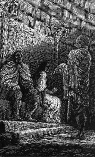 Eric Bloodaxe, seated, and Gunnhild are confronted by Egill Skallagrimsson.