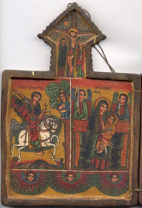 This Ethiopian icon shows St. George, the Crucifixion, and the Virgin Mary. 
