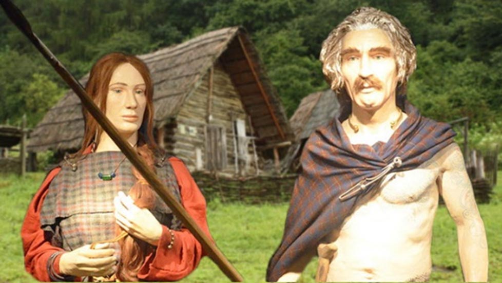 Deriv; Reconstructed shape of a farmstead from the Upper Iron Age (300-100 B.C.) and diorama featuring two Celtic tribes people.