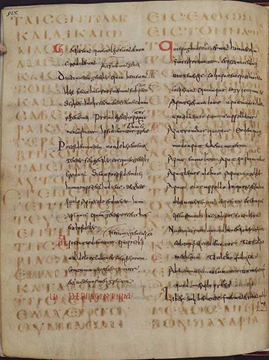 Example of a palimpsest. The lower text is from the 6th century (Codex Guelferbytanus 64 Weissenburgensis, folio 92 verso), it contains the text of Luke 1:6-13; the upper text is from the 13th century - Isidore of Seville's 