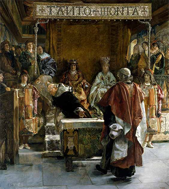 The Expulsion of the Jews in Spain in 1492 by Emilio Sala. The painting depicts the Grand Inquisitor, friar Tomás de Torquemada, presenting an edict for the expulsion of the Jews from Spain to the Catholic Ferdinand II of Aragon and Isabella I of Castile for their signature. (Public domain)