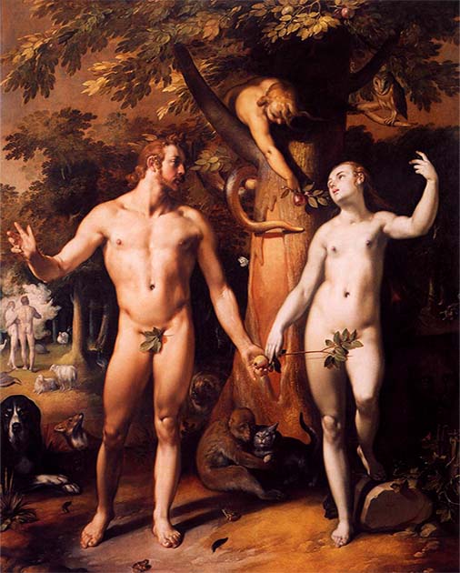 The Fall of Man, showing the serpent in the Garden of Eden as a woman, by Cornelis van Haarlem circa 1592. (Public domain)