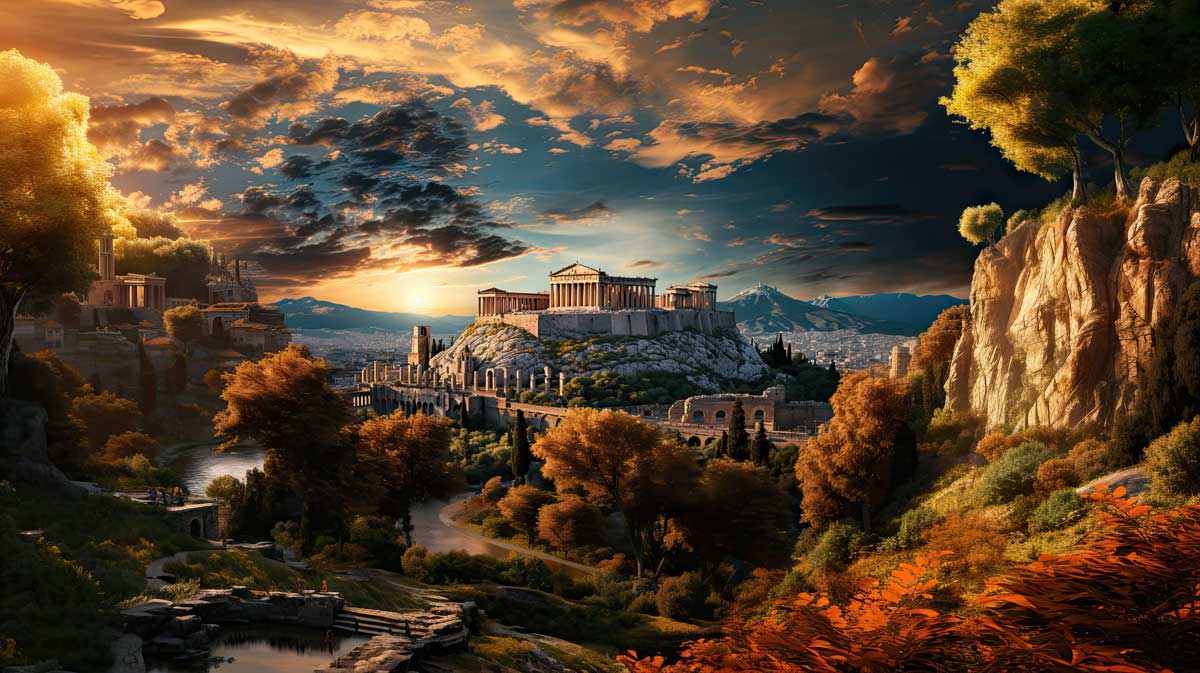 A fantastical rendering of an ancient Greek cityscape 